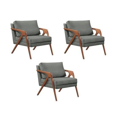 Imagem de Kit 3 Poltronas Decorativas Mona Premium Base Madeira Maciça Linho Cinza