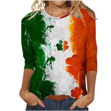 Imagem de Camiseta feminina de Dia de São Patrício com estampa da bandeira irlandesa americana túnica verde manga 3/4 camisetas tops, Marrom, 3G