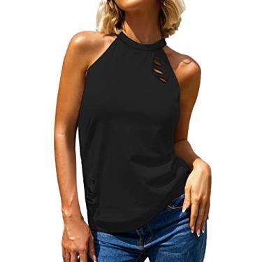 Imagem de Camiseta regata feminina, frente única, sem mangas, cor sólida, caimento solto, túnica de verão para sair, Preto, XXG