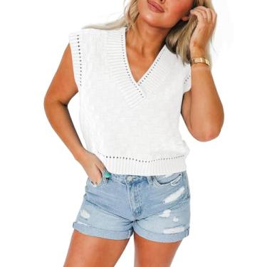 Imagem de Saodimallsu Camiseta regata feminina de verão, casual, gola V, sem mangas, cropped xadrez, malha solta, Branco, GG