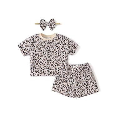 Imagem de PATPAT Conjunto de shorts de verão para meninas, camiseta de leopardo, 2 peças, roupas com bolsos, faixa de cabeça de 2 a 6 anos, Marrom cáqui, 3 Anos