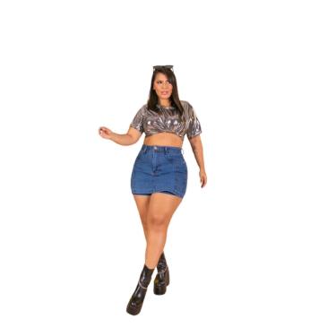 Imagem de Shorts Saia Jeans Plus Size Grande Feminino Tamanho Especial