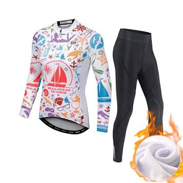 Imagem de Camisetas femininas de ciclismo - outono e inverno roupas de ciclismo de manga comprida ternos, além de veludo, manter quente e frio, branco + vermelho, P