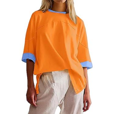 Imagem de Camisetas femininas de verão com ombro caído, manga curta, superdimensionada, casual, colorida, gola redonda, túnica moderna, Laranja, P