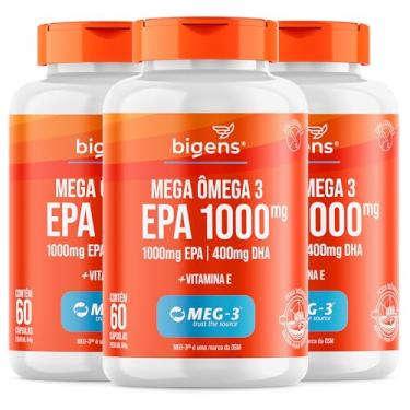 Imagem de Mega Omega 3, EPA 1000mg + DHA 400mg, Certificado Meg-3, 60 cápsulas, Bigens (Kit 3, Com Vitamina E)