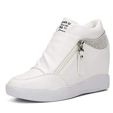 Imagem de LIURUIJIA Tênis feminino plataforma plataforma salto plataforma oculto moderno cano alto liso casual caminhada escola sapatos para meninas GL-6A869, 6a869 White, 7.5
