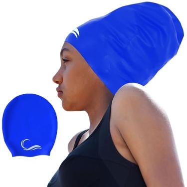 Imagem de Touca de natação Dreadlock de cabelo longo – Touca de natação de silicone GG – Impermeável Azul Grande