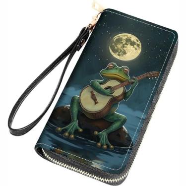 Imagem de FQTBCEARI Carteira feminina com estampa de Filipenses 4 a 13 com citações cruzadas de couro PU com zíper bolsa clutch para smartphone/cartão/moeda/dinheiro, Sapo tocando guitarra