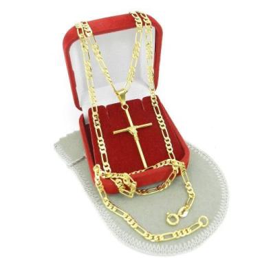 Imagem de Corrente Masculina 70cm 3mm Cruz 40mm Folheada Ouro CR811 - WNBIJOUTER