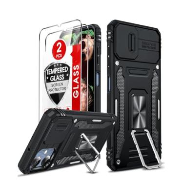 Imagem de LeYi Capa de telefone compatível com Samsung Galaxy A06: capa para Samsung A06 com 2 protetores de tela de vidro temperado, suporte magnético e capa de câmera deslizante, preta