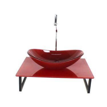 Imagem de Kit cuba de vidro oval 10mm com tampo de vidro 40cm x 40cm vermelho ce