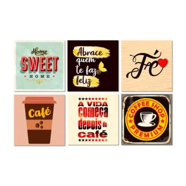 Imagem de Kit 6 Placas Decorativas Frases Home Café Fé 20x20 cm Mdf - Art Print