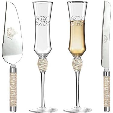 Imagem de iooiluxry Conjunto de 4 peças de taças de brindar de casamento e bolo para servir bolo para noiva e noivo taças de champanhe impressas Mr e Mrs Conjunto de corte de bolo para presentes de casamento e noivado (prata AB)