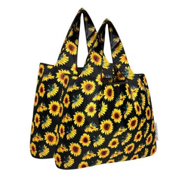 Imagem de allydrew Bolsa de compras reutilizável de nylon dobrável média (conjunto de 2), girassóis
