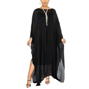 Imagem de Flamingals Conjunto de 2 peças maxi vestido longo de chiffon com capa de malha transparente, Preto, P