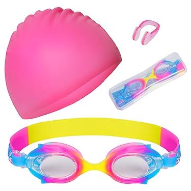 Imagem de Tayfremn Touca de Natação Infantil com Óculos e Clipes de Nariz, Silicone Rosa, Unissex, À Prova D'Água, Para Crianças