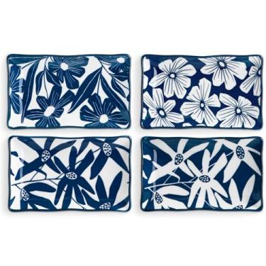 Imagem de ONEMORE Conjunto de 4 pratos de aperitivo, pratos de servir pequenos de 19 cm, travessas retangulares de porcelana para salada de sobremesa, sushi, pratos de jantar azuis e brancos, seguros para