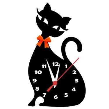 Imagem de Relógio de Parede Silencioso Gato Com Laço Laranja MDF - RR Corte a La