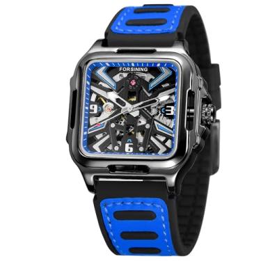 Imagem de FORSINING Relógio de pulso masculino de aço inoxidável automático esqueleto retrô quadrado com pulseira de silicone, Azul