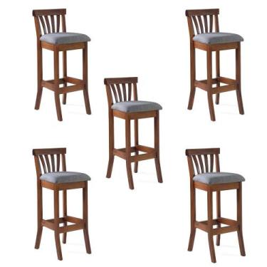Imagem de Kit 5 Banquetas Alta Madeira Maciça Bakeri Linho Cinza/Imbuia G42 - Gr