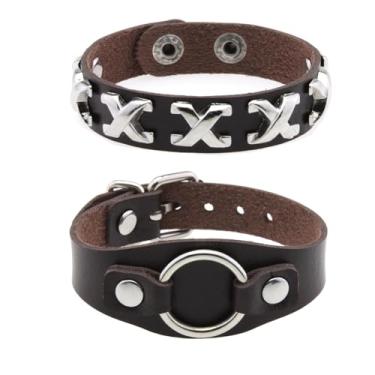 Imagem de Outman Pacote com 2 pulseiras de couro punk rock com fivela de cinto ajustável para homens, Adjustable, Couro sintético, Sem Pedra Preciosa