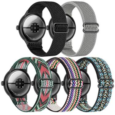 Imagem de Folavii Pacote com 5 pulseiras de nylon elástico compatíveis com Google Pixel Watch 3 de 45 mm para mulheres e homens, pulseiras elásticas ajustáveis macias esportivas para acessórios Pixel Watch 3 de