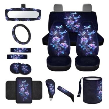 Imagem de Wanyint Dragonfly Rose Galaxy 14 peças de capa de assento de carro, com capa de volante, capa de cinto de segurança, lixeira, espelho retrovisor, porta-copos, console central, conjunto de capa de