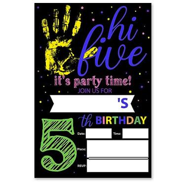 Imagem de VAHATAN Convites para festa de 5 anos Hi Five 5th Birthday 20 Packs Convites de aniversário de 5 anos com envelopes coloridos para preencher cartões de convite