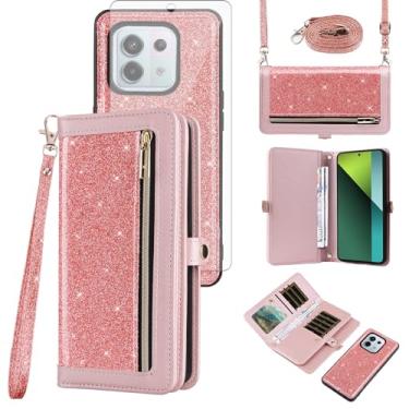 Imagem de Asuwish Capa de celular para Xiaomi Redmi Note 13 Pro 5G/Poco X6 Carteira com zíper destacável com protetor de tela de vidro temperado, alça transversal com glitter, porta-cartões flip 13Pro 6X