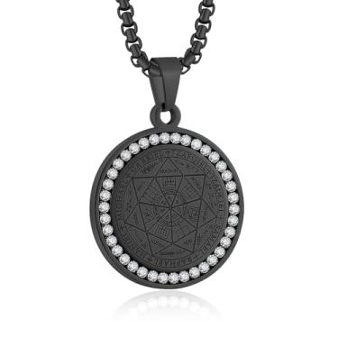 Imagem de Yaumatea Colar com pingente de sete arcanjos para homens e mulheres proteção amuleto arcanjo Michael moeda colar com pingente Gabriel Uriel colar de medalha espiritual de aço inoxidável 61 cm, 24
