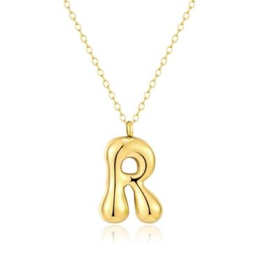 Imagem de Kainier Colar feminino com letra de bolha, pingente colorido com nome do alfabeto, pingente delicado fofo banhado a ouro 14 K, joias para presente.., Aço inoxidável, Sem Pedra Preciosa