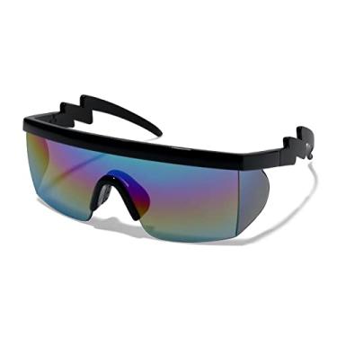Imagem de ShadyVEU Óculos de sol arco-íris neon semi sem aro com lentes espelhadas proteção UV anos 80 retrô rave Shades torto ziguezague parafuso braço, Armação preta/almofada de nariz preta/lente espelhada