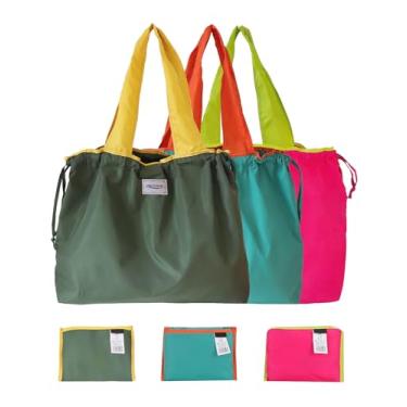 Imagem de MVSCOCEAN Sacolas de compras reutilizáveis, sacolas de compras coloridas, lavável na máquina, dobrável, durável, leve, conjunto de 3 (verde, azul lago, fúcsia)