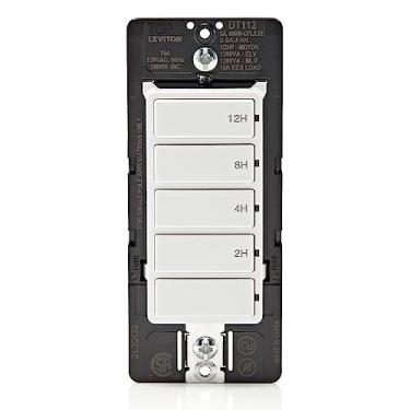 Imagem de Leviton DT112-1LW Interruptor temporizador de contagem regressiva para luzes domésticas, aquecedores e exaustão, 2-4-8-12 horas, sem necessidade de fio neutro, polo único, 15A, 1/2 HP/9,8A ventilador/motor, branco, 15 Amp