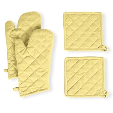 Imagem de Native Fab Conjunto de 4 peças - 2 luvas de forno e 2 pegadores de panela, resistente ao calor, 100% algodão, design acolchoado, aderência antiderrapante, lavável na máquina, ideal para assar,