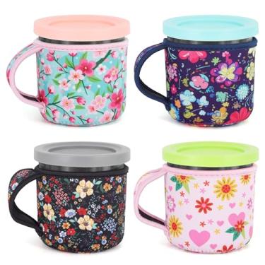 Imagem de Pacote com 4 capas de neoprene para sorvete com alça, capa reutilizável e isolada compatível com recipientes Ninja Creami NC301 NC300 NC299AMZ Series para sorvete (estampa floral)