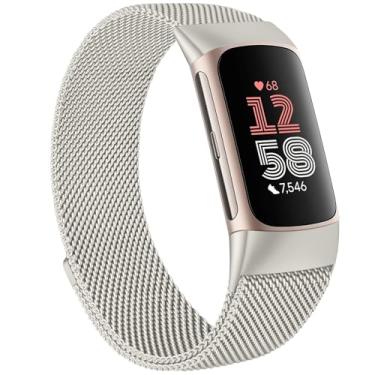 Imagem de Pulseira de metal compatível com Fitbit Charge 6 para mulheres e homens, pulseira de substituição magnética de malha de aço inoxidável para Fitbit Charge 6/Charge 5 monitor de atividades (Starlight)