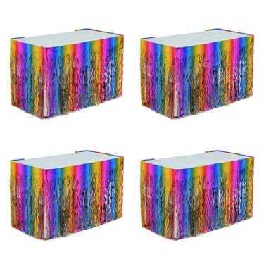 Imagem de MZJU Saias de mesa 4P onduladas metálicas com franjas para mesas retangulares, cortinas de guirlanda, para desfile, boias, casamentos, festas de aniversário, Halloween, Natal (arco-íris)