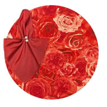Imagem de Kit Sousplat Suplá Completo Mesa Posta com Guardanapos e Pg Decorativo 6 Lugares (ROSAS VERMELHAS - GUARDANAPO VERMELHO - PG ANEL 2 PEROLAS)
