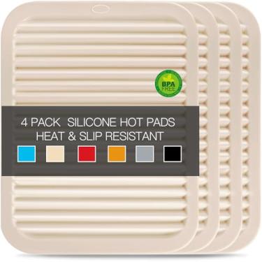 Imagem de QPIX DIGITAL Pacote Com 4 Bases De Silicone Para Pratos Quentes, Suporte De Panela De Silicone Grande E Resistente Ao Calor, Almofadas Quentes Para Cozinha, Tapete De Silicone Bege 9X12 Para Panelas
