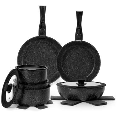 Imagem de Jogo de Panelas e Frigideiras Antiaderentes em Granito com 17 Peças e Cabo Removível, SODAY, Preto
