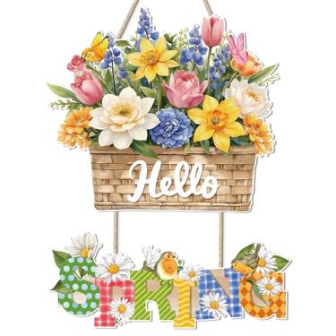 Imagem de Ausril Placa de madeira Hello Spring pintada à mão, cesta floral decoração de parede grinalda com detalhes de pássaro, placa de boas-vindas colorida para decoração de janela de varanda interna e