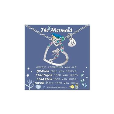 Imagem de LINY Presente de sereia para meninas colar de sereia com letras de arco-íris colar de sereia com letra inicial joias de sereia para meninas adolescentes, filha, sobrinha, aniversário, presentes de volta às aulas, Metal, Sem Pedra Preciosa