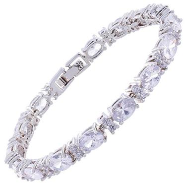 Imagem de Rizília Pulseira de Tênis Banhada a Ouro Branco 18 K Pedra do Mês de Aniversário CZ Multicolorida Corte Oval 17,78 cm 7 inches