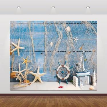 Imagem de Pano de fundo de festa de pirata náutico para fotografia, 3 x 2 m, parede de madeira azul, estrela-do-mar, leme, rede de pesca, pano de fundo, oceano, praia, conchas, velejador, roda, crianças, festa