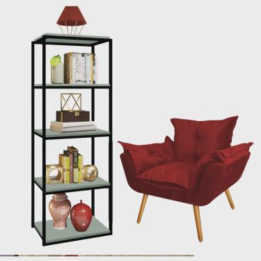 Imagem de Kit Poltrona Fatte com Estante Livreiro Ferro Preto mdf Verde Oliva Suede Vermelho - Ahazzo Móveis