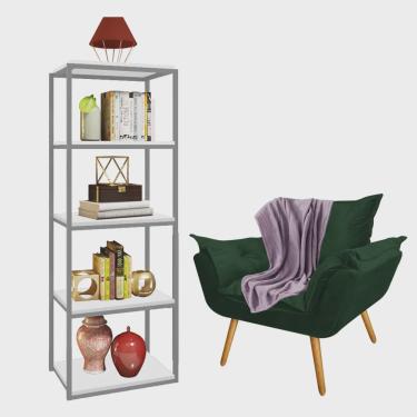 Imagem de Kit Poltrona Fatte com Manta Soft Lilás e Estante Livreiro Ferro Cinza mdf Branco Suede Verde Musgo - Ahz Móveis