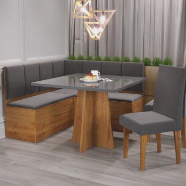 Imagem de Conjunto Canto Alemão com Baú Trento Mesa Quadrada com Vidro 90x90 e 2 Cadeira Venus Mdp/mdf