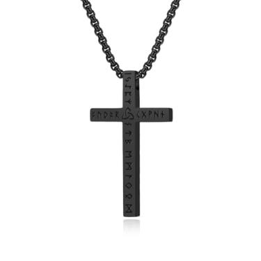 Imagem de Aprila Colar masculino com cruz, aço inoxidável, preto, viking, runas, nórdico, joia fiel, corrente de 60 cm, Sem Pedra Preciosa