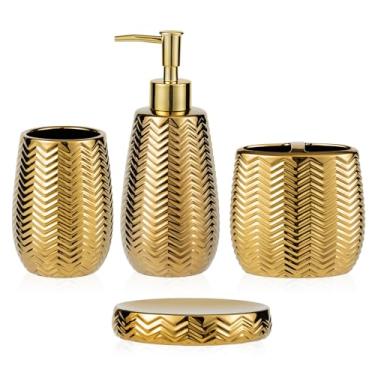 Imagem de TCQMSS Conjunto De Acessórios Para Banheiro Com 4 Peças, Cerâmica Dourada Completos Dispensador Sabonete, Suporte Escova Dentes, Copo E Saboneteira - Decoração Moderna